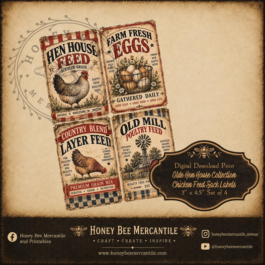 Olde Hen House Collection, Chicken Feed Labels, Digital Download, Printable, Decoupage, Craft Supplies, Set 1