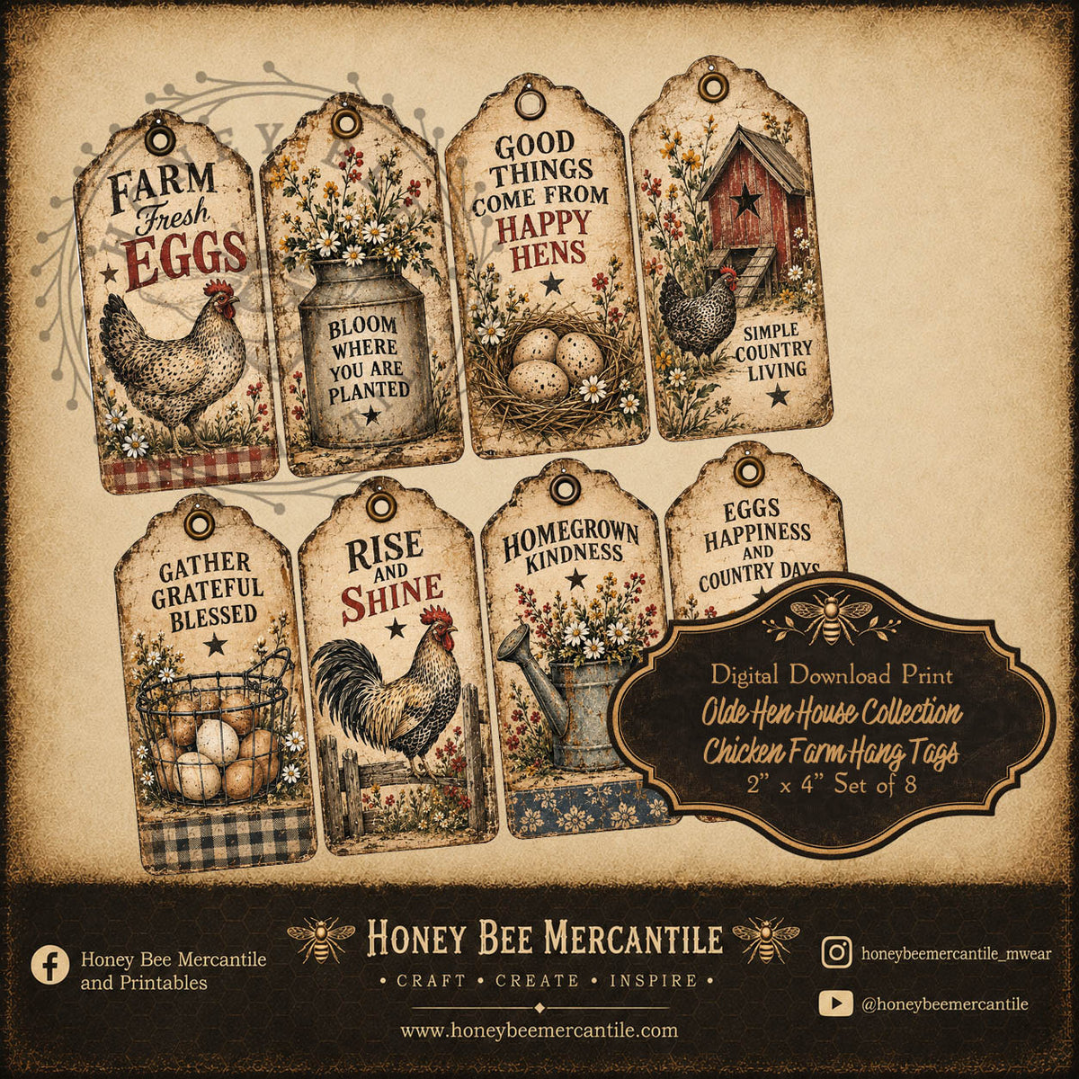 Olde Hen House Collection, Chicken and Farm Hang Tags, Set of 8, Digital Download, Printable, Decoupage, Craft Supplies