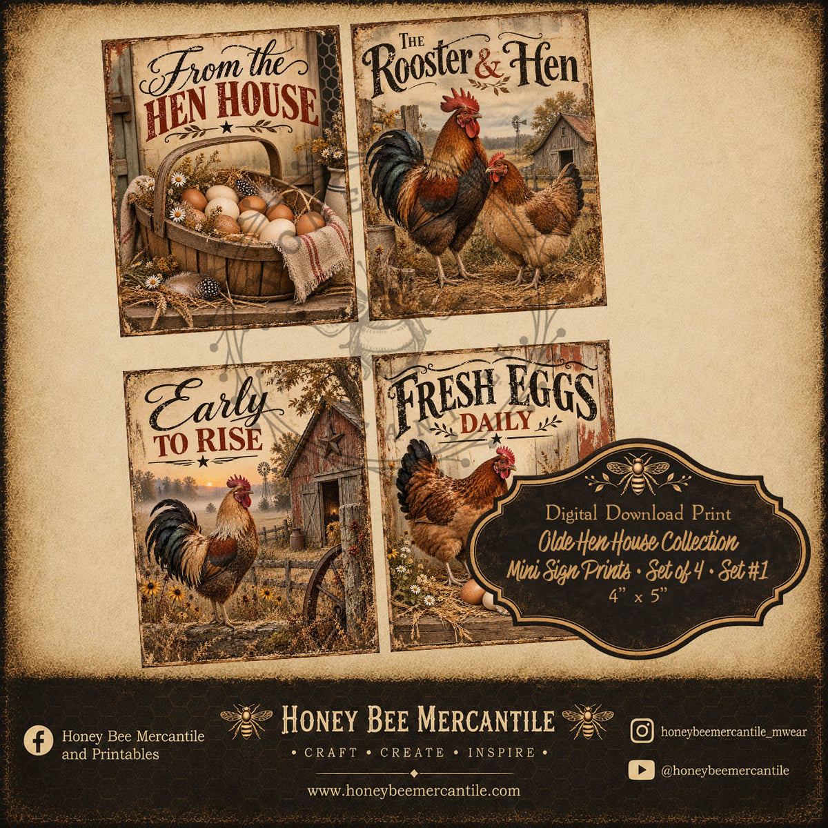 Olde Hen House Collection, Mini Prints, 4x5 inch, Set of 4, Digital Download, Printable, Decoupage, Craft Supplies, Set 1