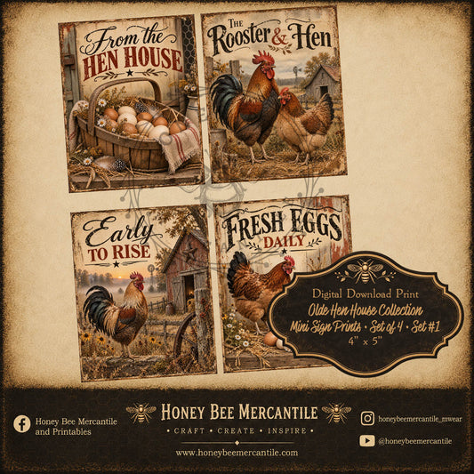 Olde Hen House Collection, Mini Prints, 4x5 inch, Set of 4, Digital Download, Printable, Decoupage, Craft Supplies, Set 1