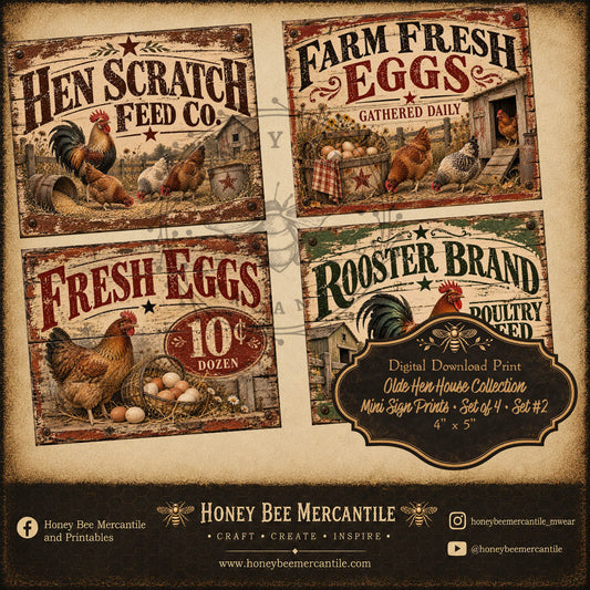 Olde Hen House Collection, Mini Prints, 4x5 inch, Set of 4, Digital Download, Printable, Decoupage, Craft Supplies, Set 2