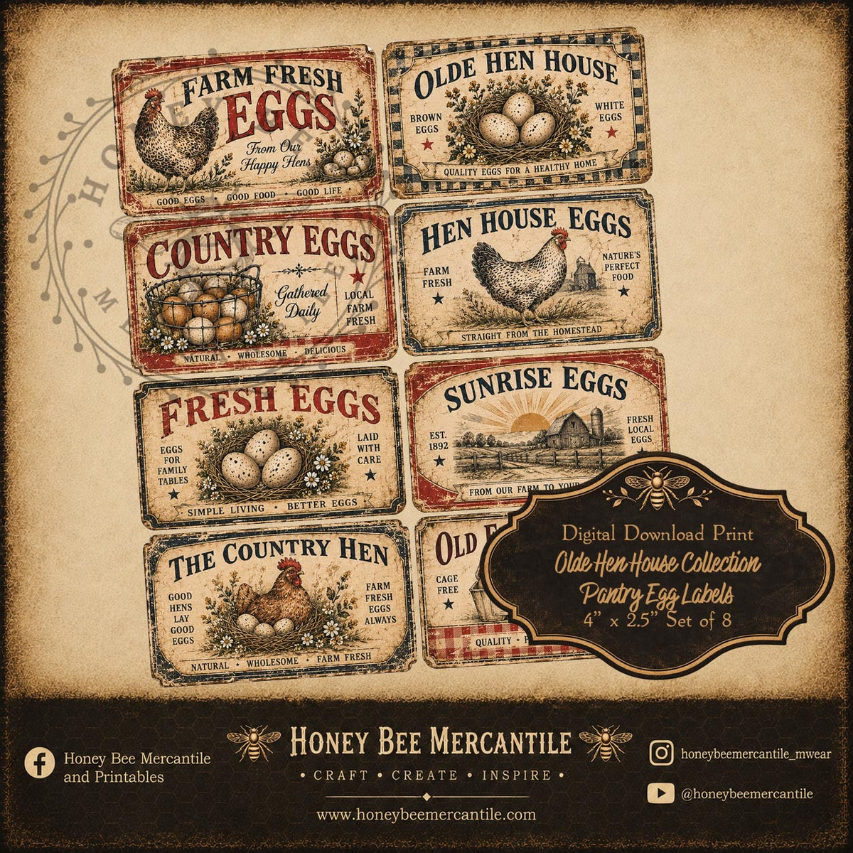 Olde Hen House Collection, Pantry Egg Labels, Set of 8, Digital Download, Printable, Decoupage, Craft Supplies