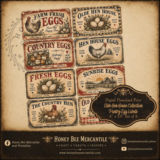 Olde Hen House Collection, Pantry Egg Labels, Set of 8, Digital Download, Printable, Decoupage, Craft Supplies