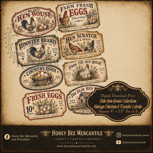 Olde Hen House Collection, Vintage Chicken and Rooster Labels, Set of 8, Digital Download, Printable, Decoupage, Craft Supplies