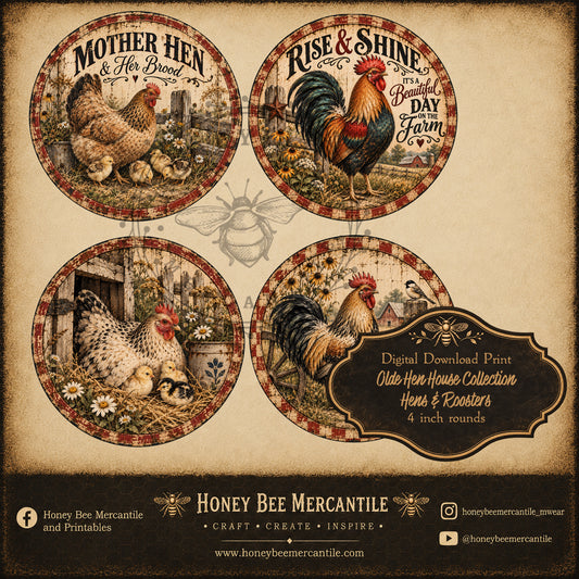 Olde Hen House Collection, Vintage Chicken and Rooster Rounds, 4 inch, Digital Download, Printable, Decoupage, Craft Supplies