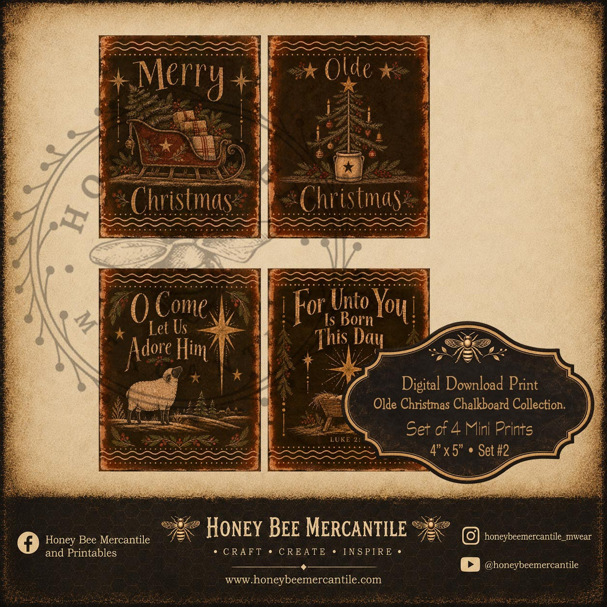 Olde Christmas Chalkboard Collection, 4x5 Mini Prints, Set of 4, Digital Download, Printable, Decoupage, Craft Supplies, Set 2