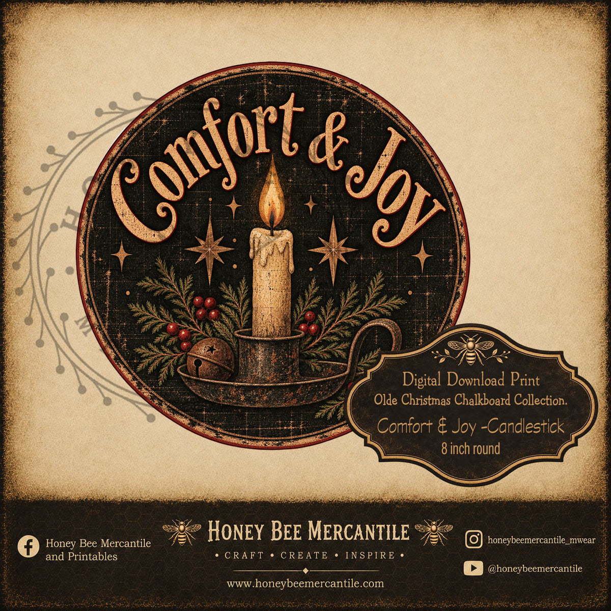 Olde Christmas Chalkboard Collection, Comfort and Joy, 8 inch round, Digital Download, Printable, Decoupage, Craft Supplies