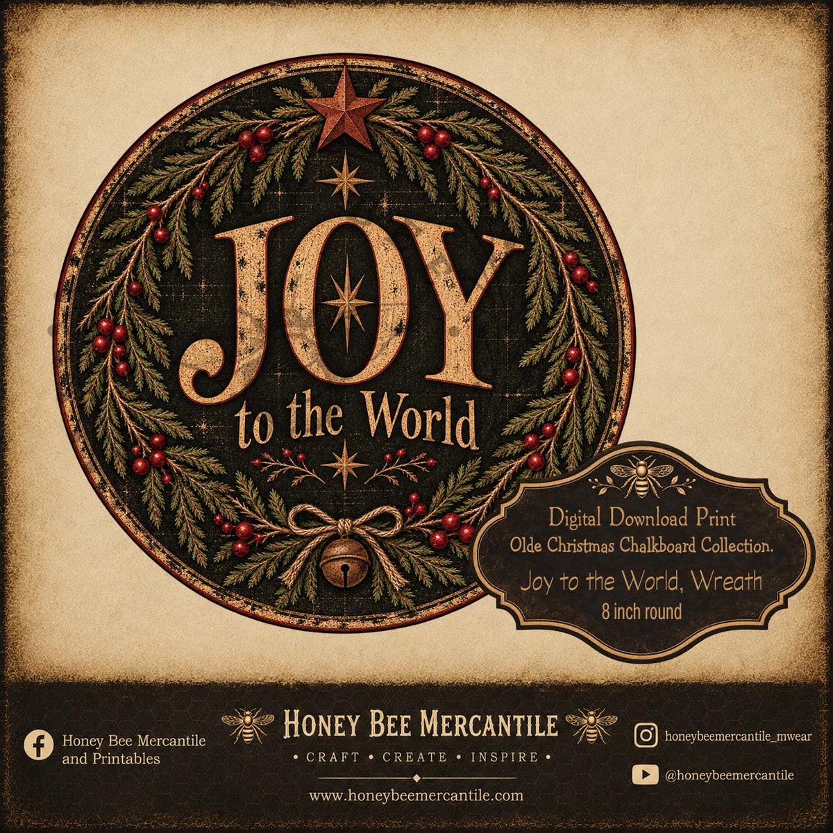 Olde Christmas Chalkboard Collection, Joy To the World, 8 inch round, Digital Download, Printable, Decoupage, Craft Supplies