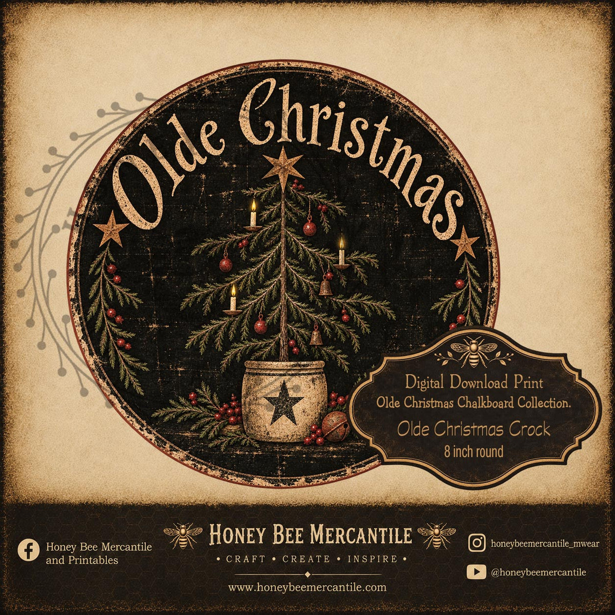 Olde Christmas Chalkboard Collection, Olde Christmas Crock, 8 inch round, Digital Download, Printable, Decoupage, Craft Supplies