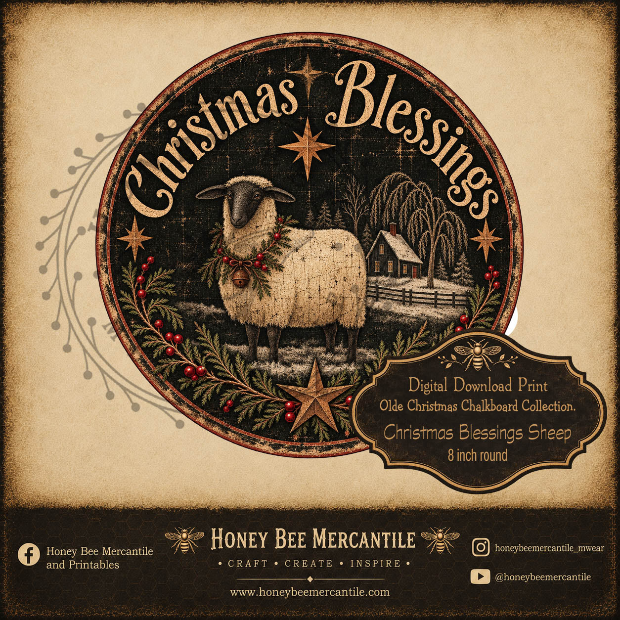 Sheep Window Display Olde Christmas Chalkboard Collection, Christmas Blessings, 8 inch roun ...