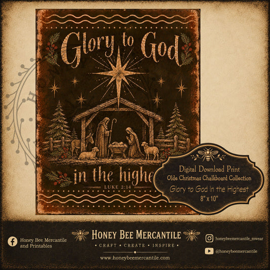 Olde Christmas Chalkboard Collection, Glory To God, 8x10, Digital Download, Printable, Decoupage, Craft Supplies