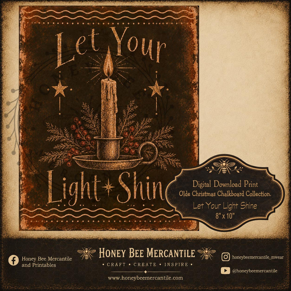 Olde Christmas Chalkboard Collection, Let Your Light Shine Candlestick, 8x10, Digital Download, Printable, Decoupage, Craft Supplies