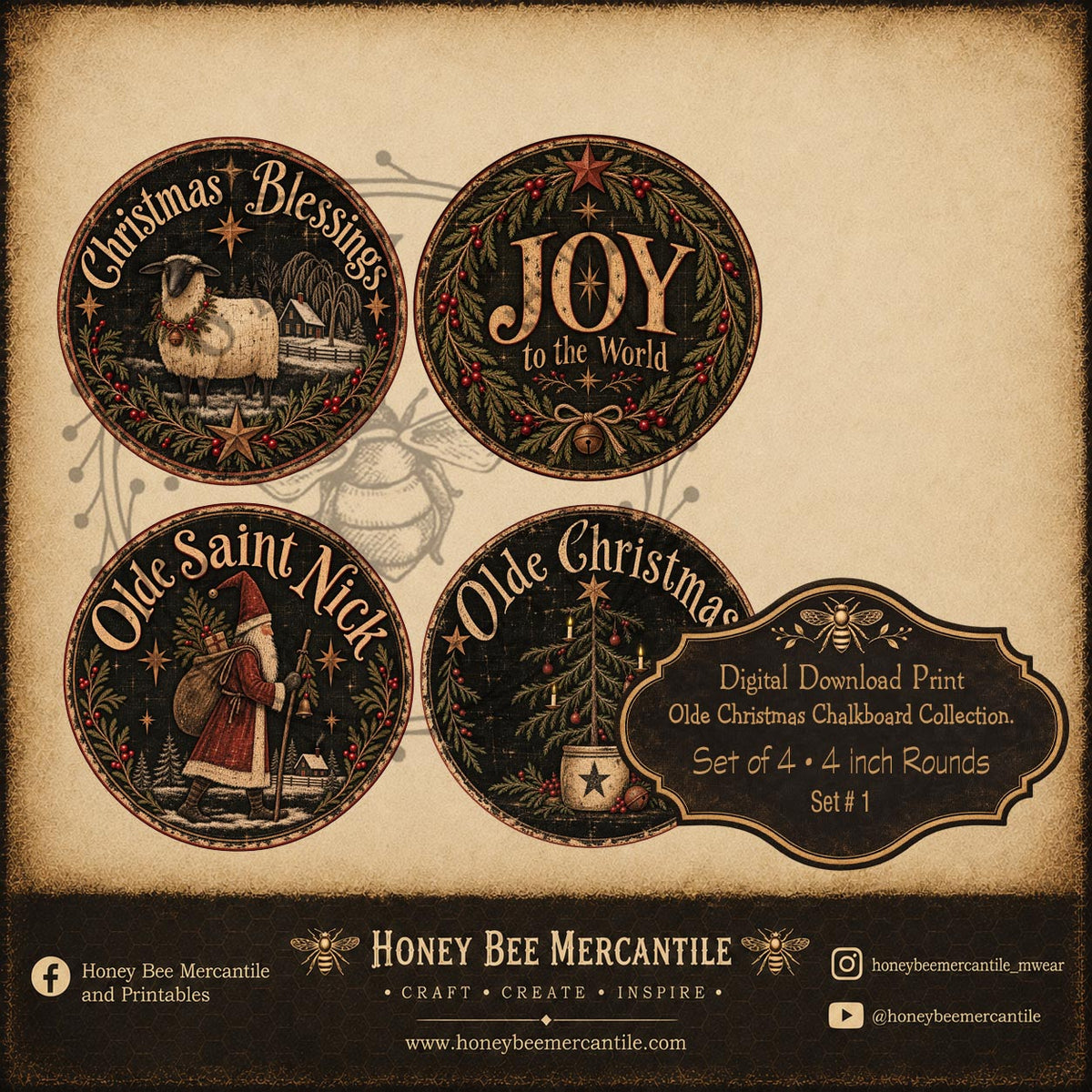 Olde Christmas Chalkboard Collection, Set of 4, 4 inch rounds,  Digital Download, Printable, Decoupage, Craft Supplies, Set 1