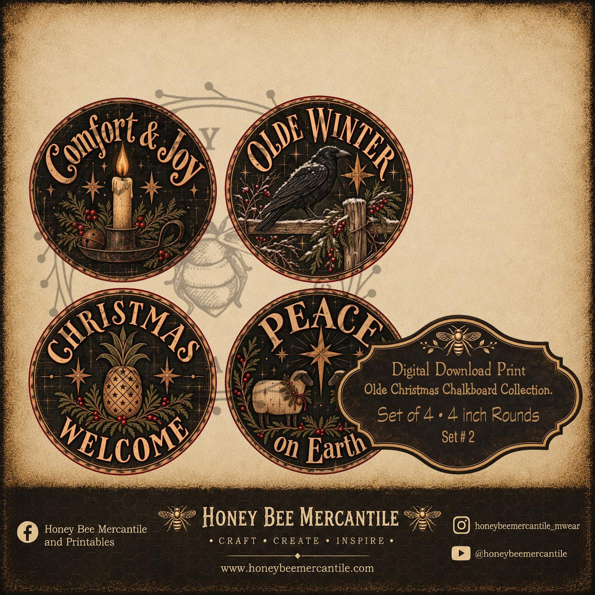 Olde Christmas Chalkboard Collection, Set of 4, 4 inch rounds,  Digital Download, Printable, Decoupage, Craft Supplies, Set 2