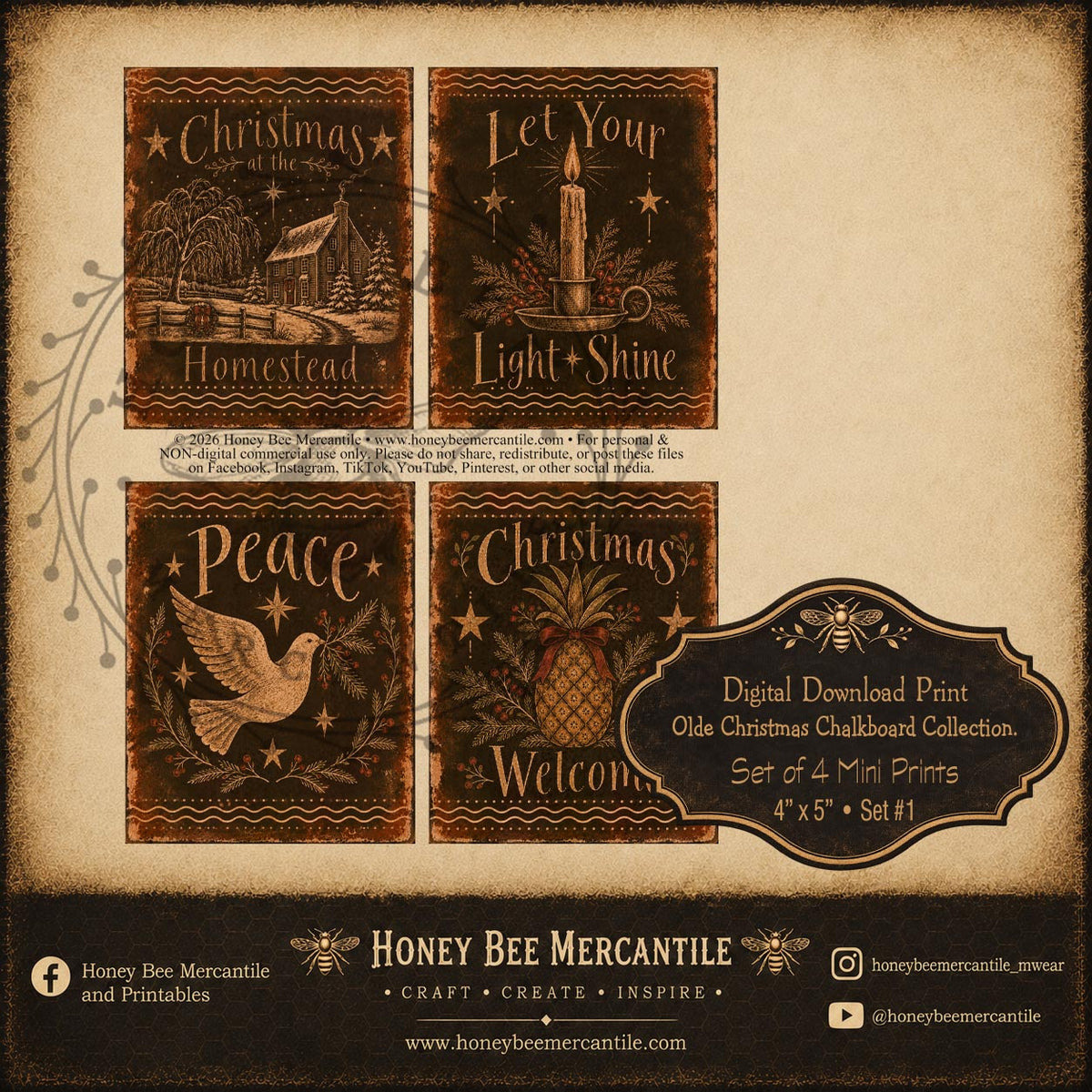 Olde Christmas Chalkboard Collection, 4x5 Mini Prints, Set of 4, Digital Download, Printable, Decoupage, Craft Supplies, Set 1