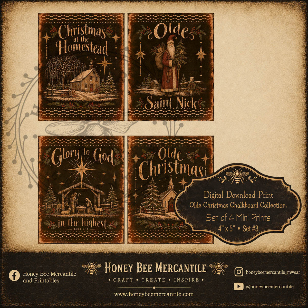 Olde Christmas Chalkboard Collection, 4x5 Mini Prints, Set of 4, Digital Download, Printable, Decoupage, Craft Supplies, Set 3