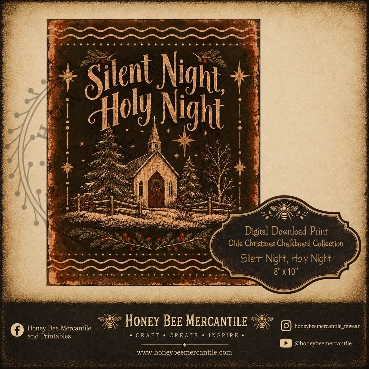 Olde Christmas Chalkboard Collection, Silent Night Holy Night, 8x10, Digital Download, Printable, Decoupage, Craft Supplies