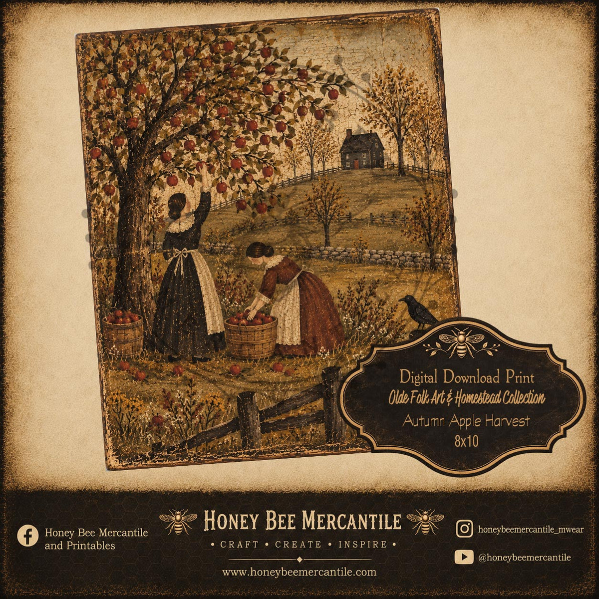 Olde Folk Art and Homestead Collection, Autumn Apple Harvest, 8x10, Digital Download, Printable, Decoupage, Craft Supplies