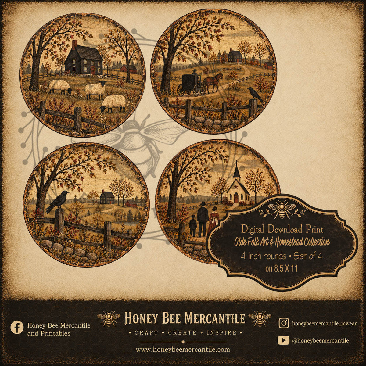 Olde Folk Art and Homestead Collection - 4 Inch Rounds - Primitive, Digital Download, Printable, Decoupage, Craft Supplies, Set of 4 Rounds