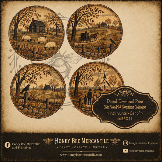 Olde Folk Art and Homestead Collection - 4 Inch Rounds - Primitive, Digital Download, Printable, Decoupage, Craft Supplies, Set of 4 Rounds