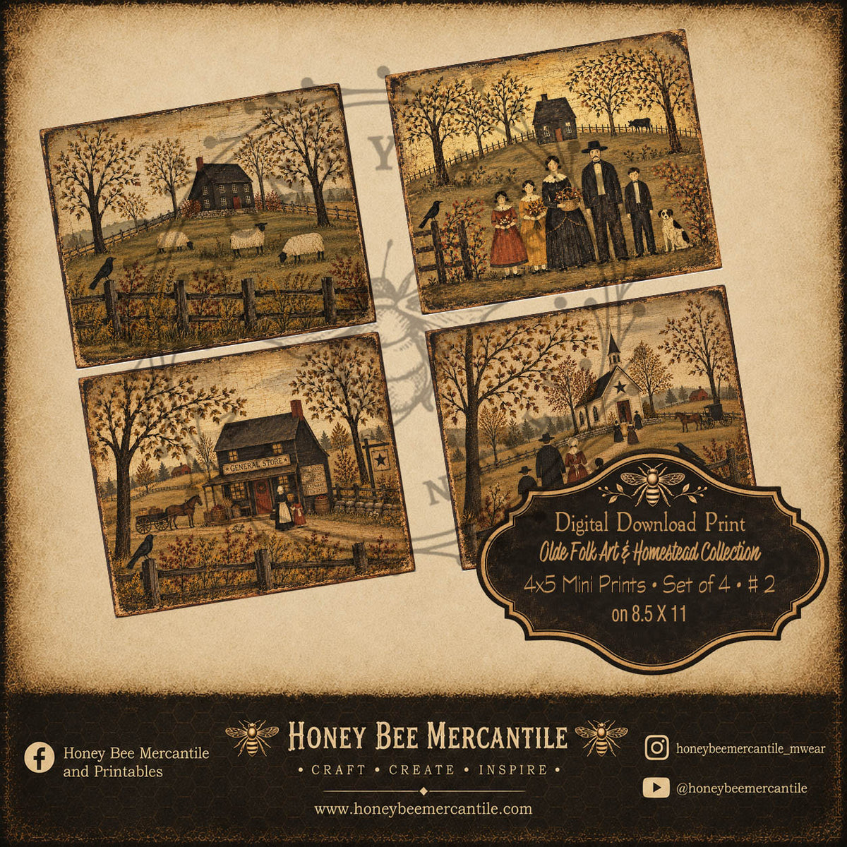 Olde Folk Art and Homestead Collection, 4x5 Mini Prints, Primitive, Digital Download, Printable, Decoupage, Craft Supplies, Set of 4, Set 2