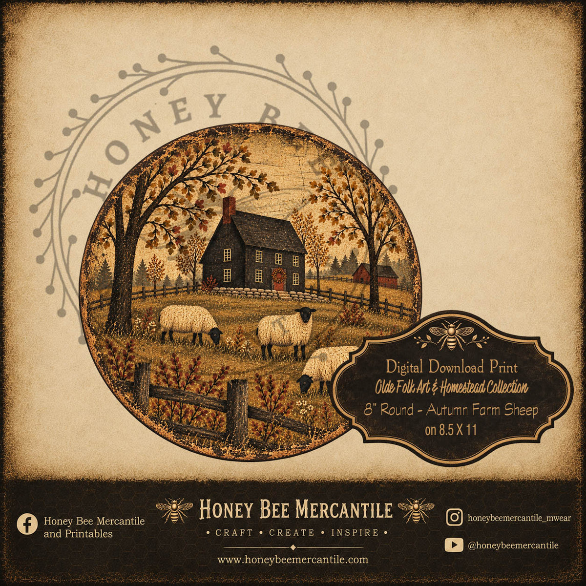 Olde Folk Art and Homestead Collection, 8 inch round Autumn Farm, Primitive, Digital Download, Printable, Decoupage, Craft Supplies