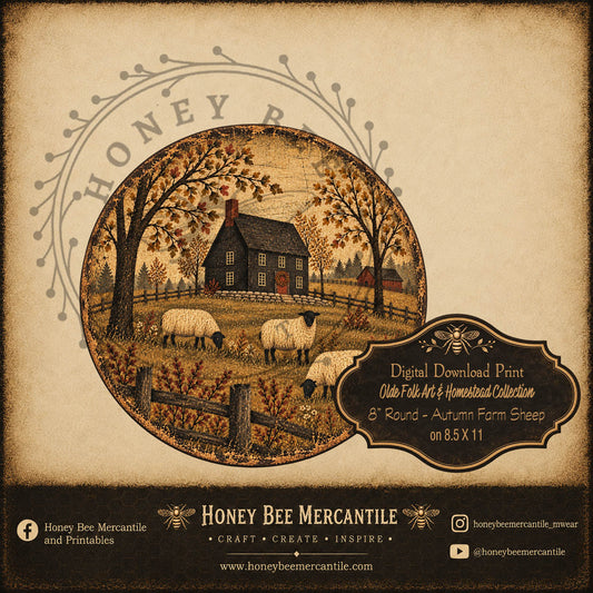 Olde Folk Art and Homestead Collection, 8 inch round Autumn Farm, Primitive, Digital Download, Printable, Decoupage, Craft Supplies