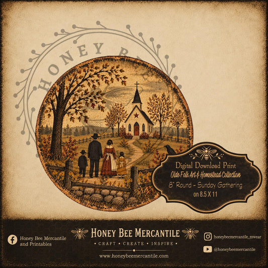 Olde Folk Art and Homestead Collection, 8 inch round Sunday Gathering, Primitive, Digital Download, Printable, Decoupage, Craft Supplies