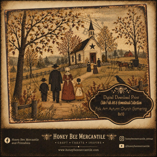 Olde Folk Art and Homestead Collection, Autumn Church Gathering, 8x10, Digital Download, Printable, Decoupage, Craft Supplies