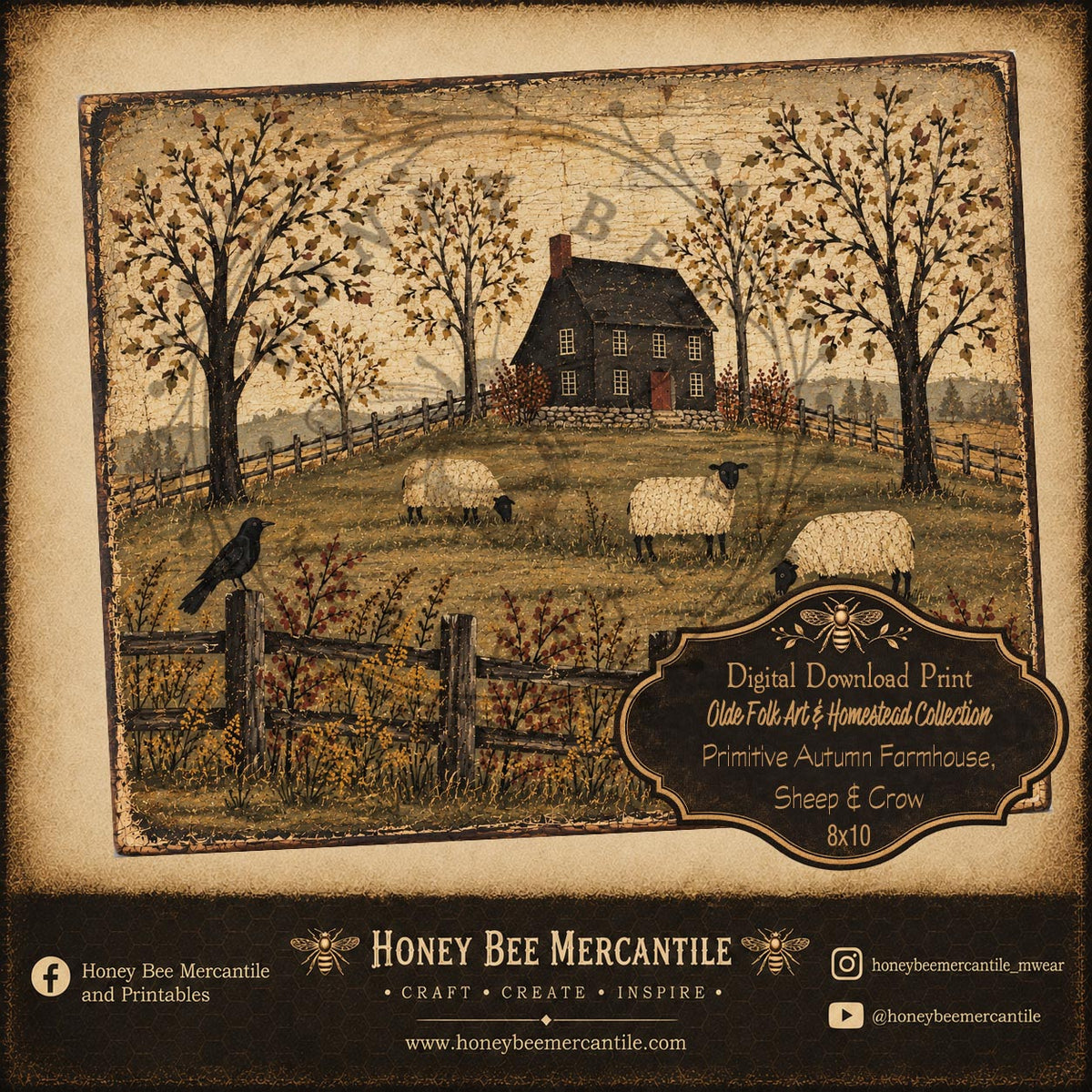 Olde Folk Art and Homestead Collection, Primitive Autumn Farmhouse, Sheep and Crow, 8x10, Digital Download, Printable, Decoupage