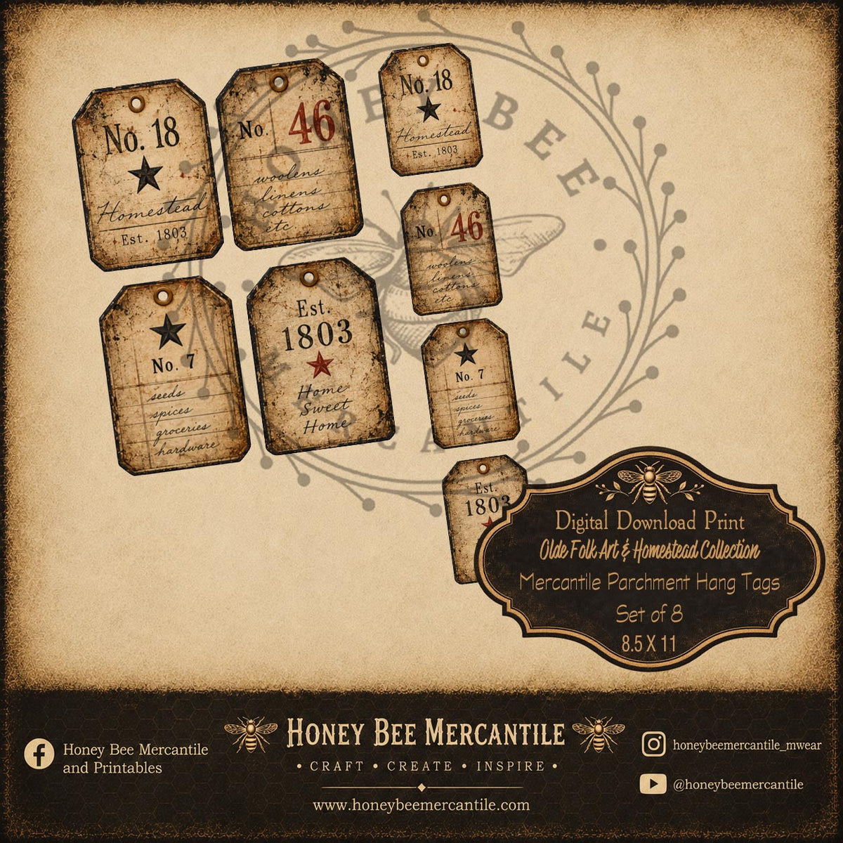 Olde Folk Art and Homestead Collection, Hang Tags, Set of 8, Mercantile Parchment, Digital Download, Printable, Decoupage, Craft Supplies