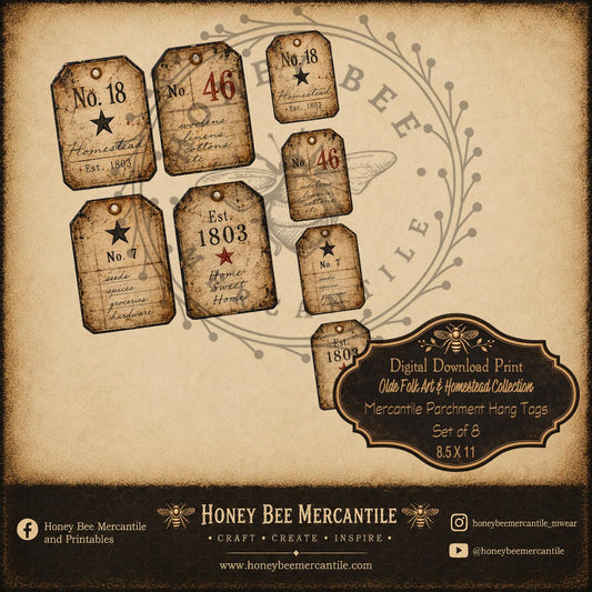 Olde Folk Art and Homestead Collection, Hang Tags, Set of 8, Mercantile Parchment, Digital Download, Printable, Decoupage, Craft Supplies