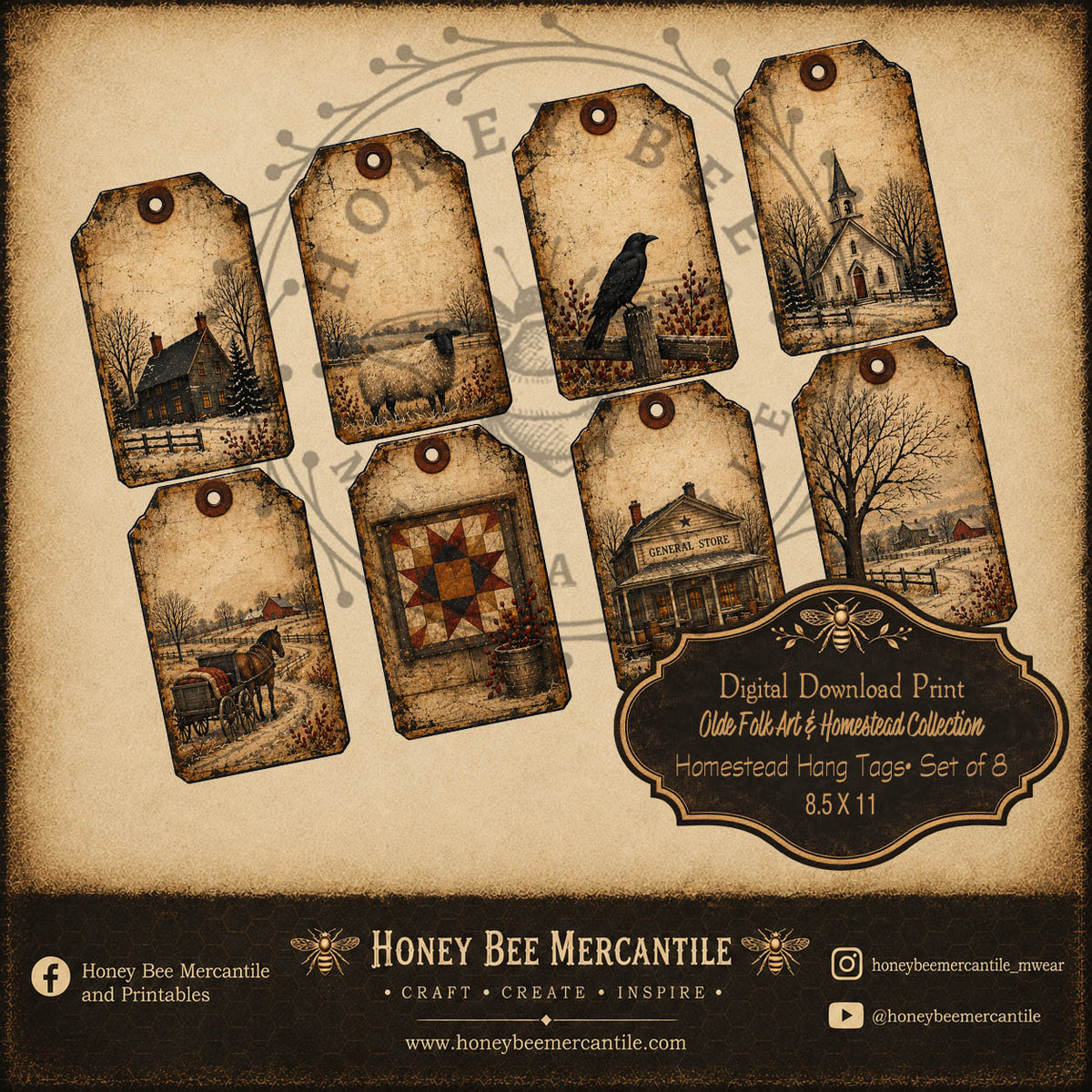 Olde Folk Art and Homestead Collection, Hang Tags, Set of 8, Digital Download, Printable, Decoupage, Craft Supplies