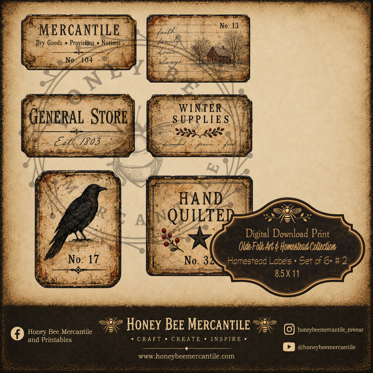 Olde Folk Art and Homestead Collection, Homestead Labels, Set of 6, Digital Download, Printable, Decoupage, Craft Supplies, Set 2