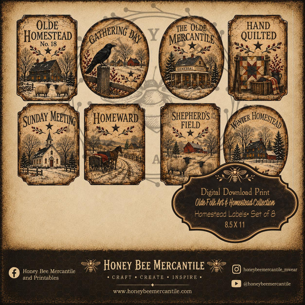 Olde Folk Art and Homestead Collection, Labels, Set of 8, Digital Download, Printable, Decoupage, Craft Supplies