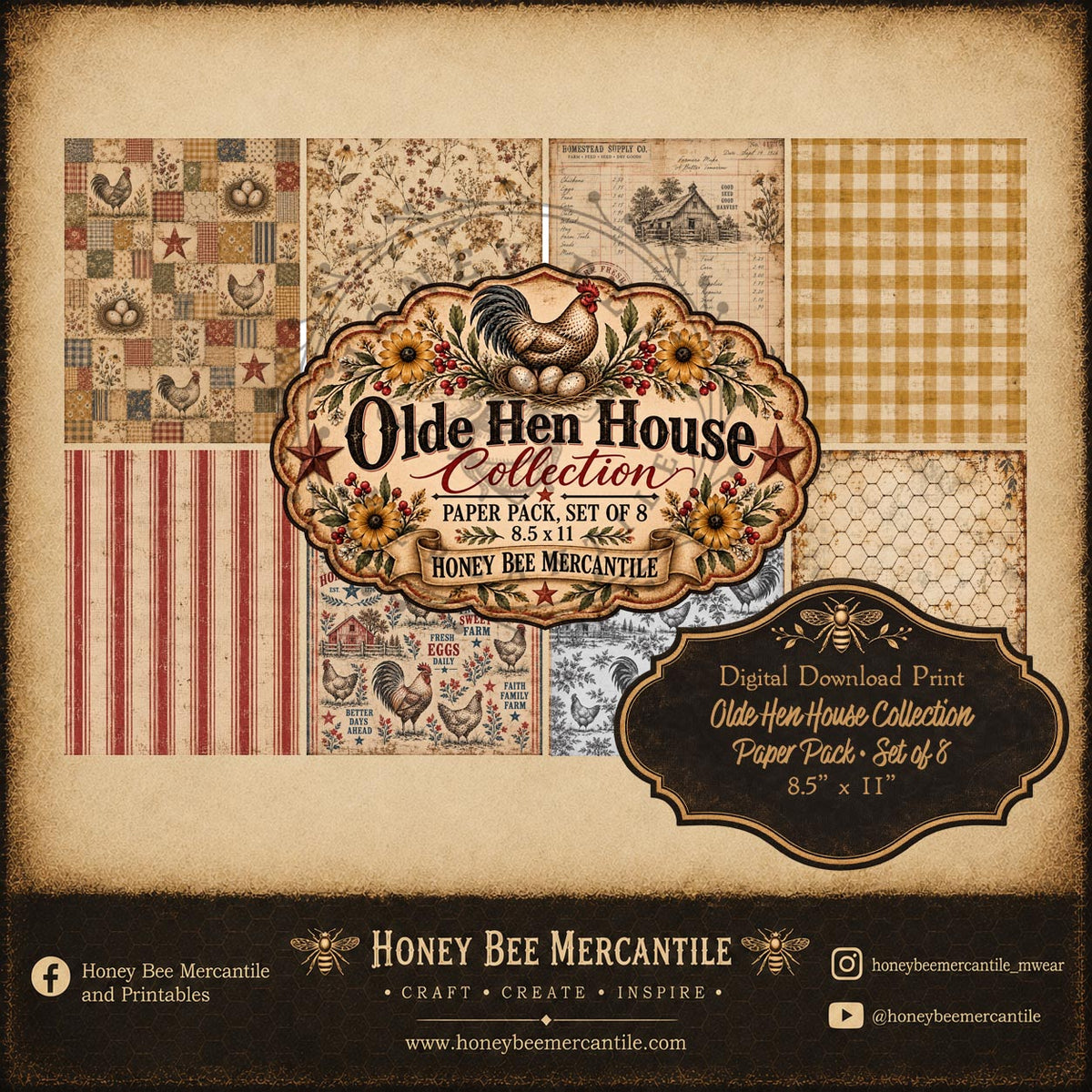 Olde Hen House Collection, Paper Pack, Set of 8, Digital Download, Printable, Decoupage, Craft Supplies