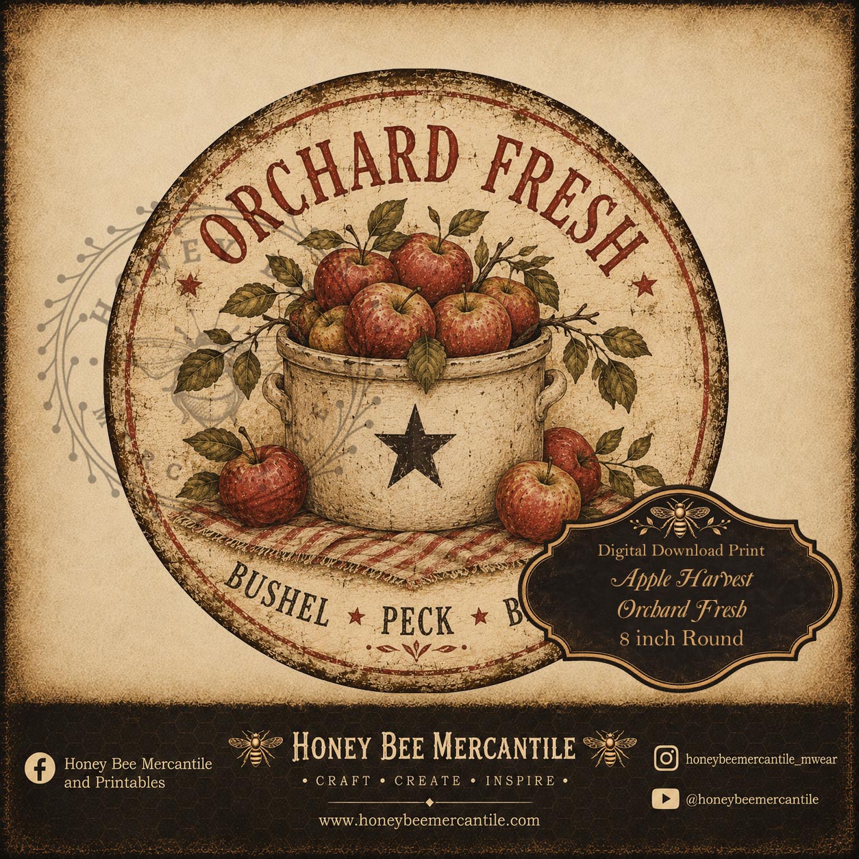 Apple Harvest, Orchard Fresh, 8 inch round, Digital Download, Printable, Decoupage, Craft Supplies