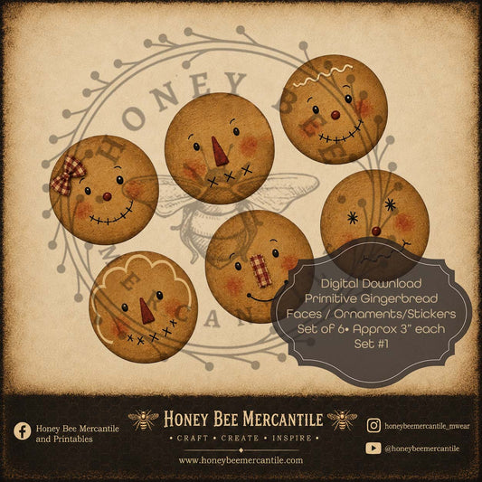 Primitive Gingerbread Faces, Ornaments, Stickers, Set of 6, Digital Download, Printable, Decoupage, Craft Supplies, Set 1