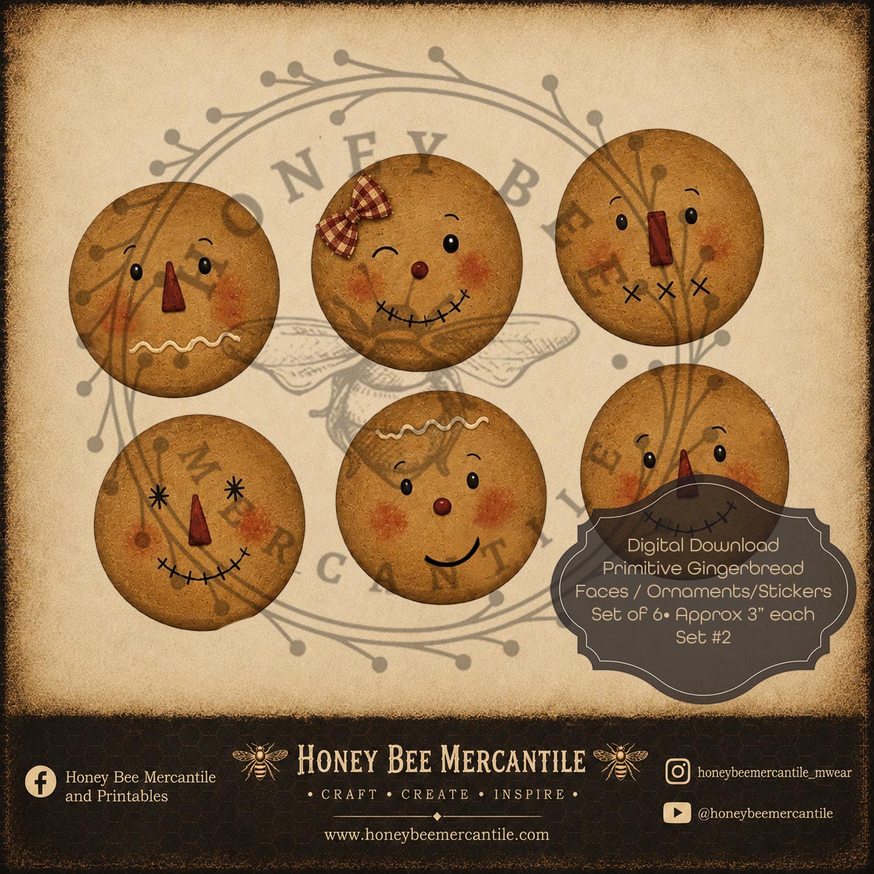 Primitive Gingerbread Faces, Ornaments, Stickers, Set of 6, Digital Download, Printable, Decoupage, Craft Supplies, Set 2