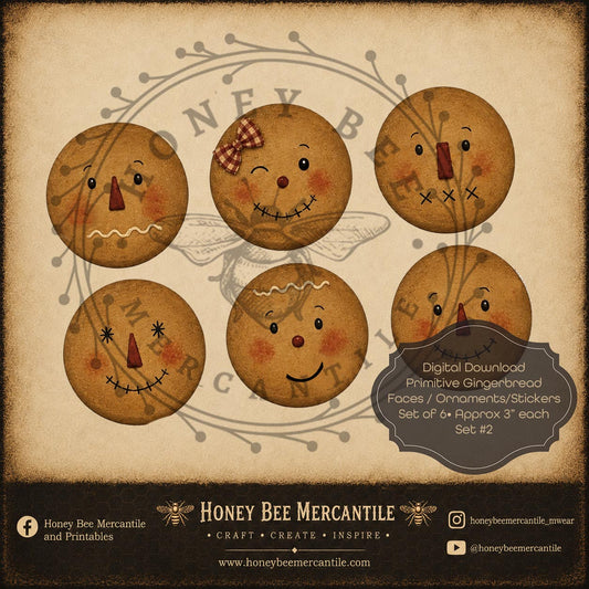 Primitive Gingerbread Faces, Ornaments, Stickers, Set of 6, Digital Download, Printable, Decoupage, Craft Supplies, Set 2