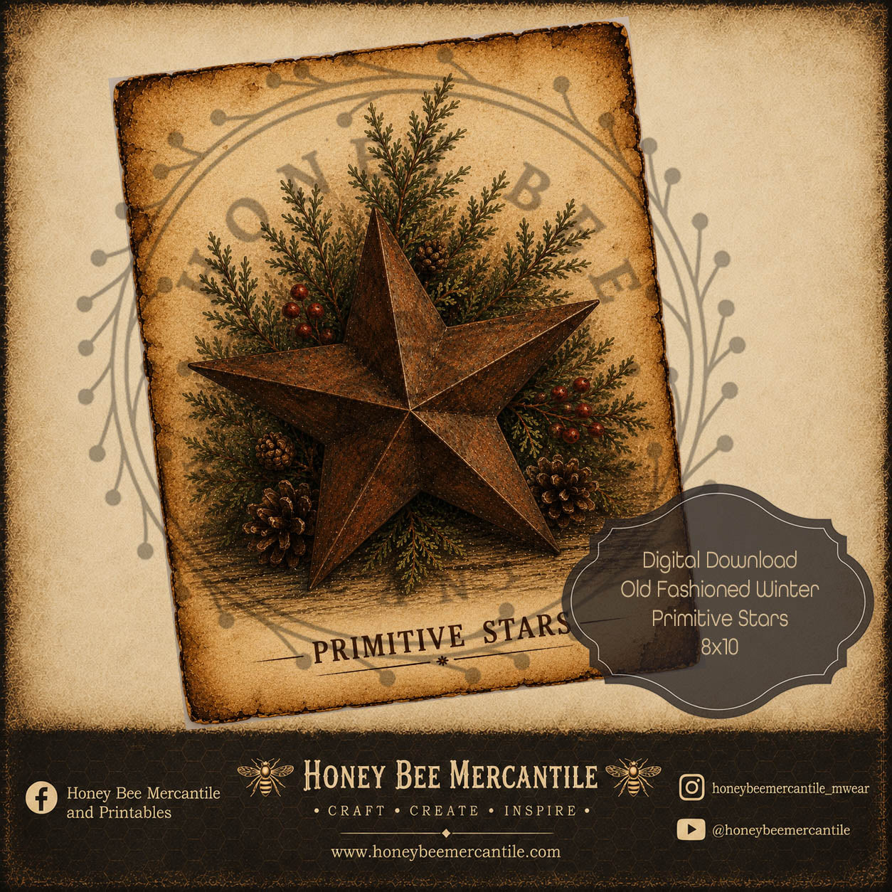 Old Fashioned Winter, Primitive Stars, 8x10, Digital Download, Printable, Decoupage, Craft Supplies