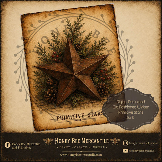 Old Fashioned Winter, Primitive Stars, 8x10, Digital Download, Printable, Decoupage, Craft Supplies