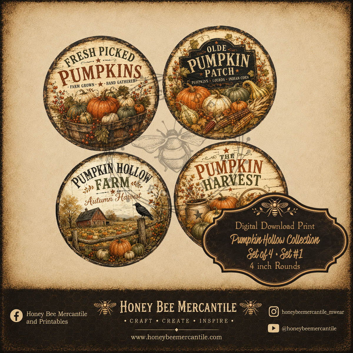 Pumpkin Hollow Collection, 4 Inch Rounds, Set of 4, Digital Download, Printable, Decoupage, Craft Supplies