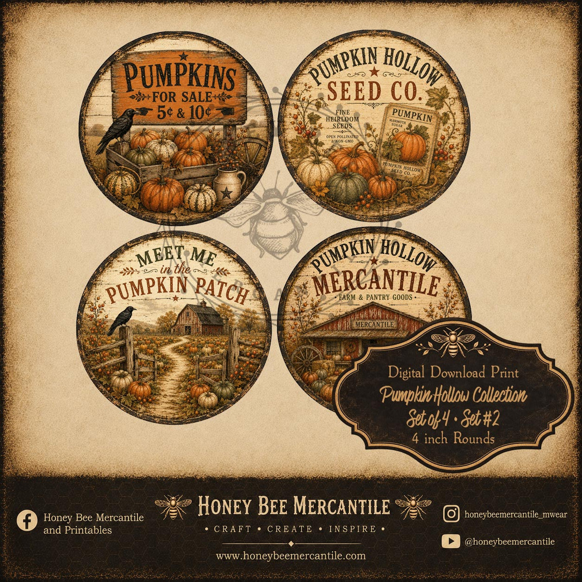 Pumpkin Hollow Collection, 4 Inch Rounds, Set of 4, Digital Download, Printable, Decoupage, Craft Supplies, Set 2