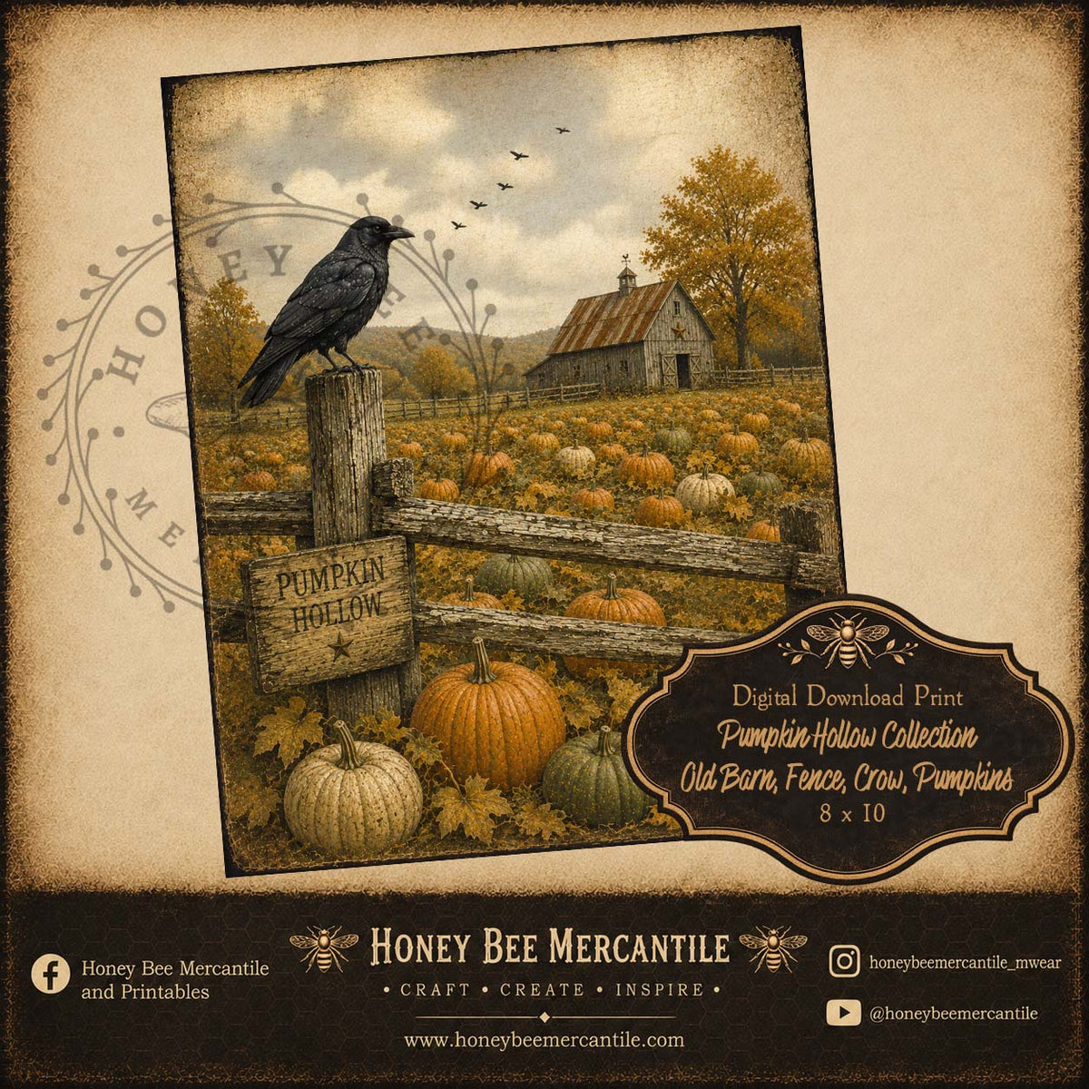 Pumpkin Hollow Collection, Pumpkin Hollow Barn, Fence, Crow, Pumpkins 8x10, Digital Download, Printable, Decoupage, Craft Supplies