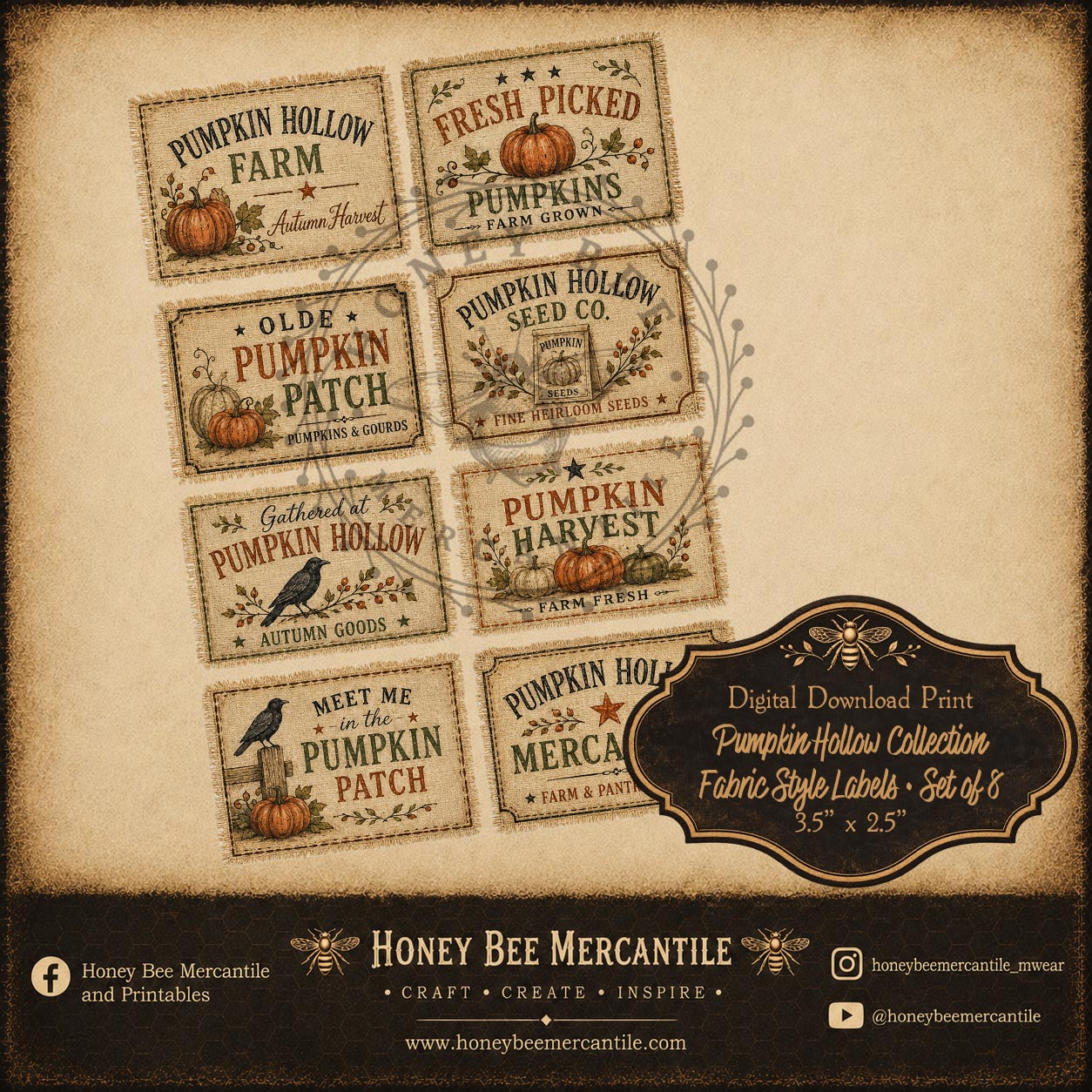 Pumpkin Hollow Collection, Fabric Style Labels, Set of 8, Digital Download, Printable, Decoupage, Craft Supplies