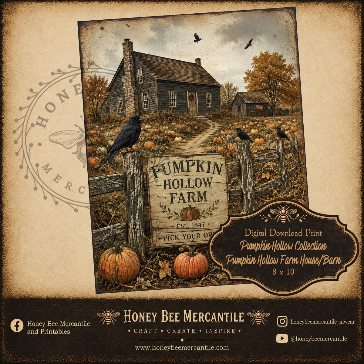 Pumpkin Hollow Collection, Pumpkin Hollow Farm House and Barn, 8x10, Digital Download, Printable, Decoupage, Craft Supplies