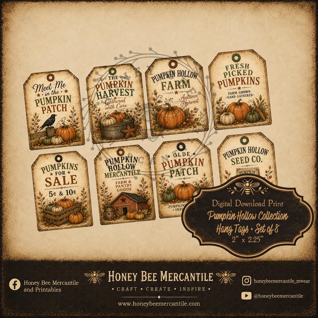 Pumpkin Hollow Collection, Hang Tags, Set of 8, Digital Download, Printable, Decoupage, Craft Supplies