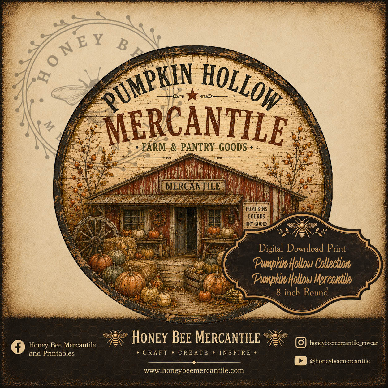 Pumpkin Hollow Collection, Pumpkin Hollow Mercantile, 8 inch round, Digital Download, Printable, Decoupage, Craft Supplies