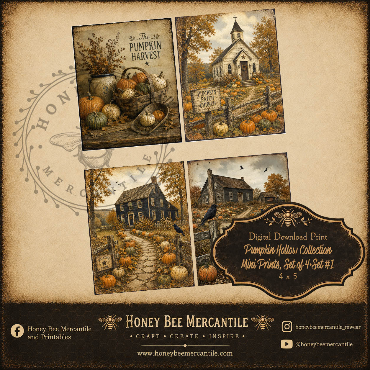 Pumpkin Hollow Collection, Pumpkin Hollow Minis, Set of 4, 4x5, Digital Download, Printable, Decoupage, Craft Supplies, Set 1